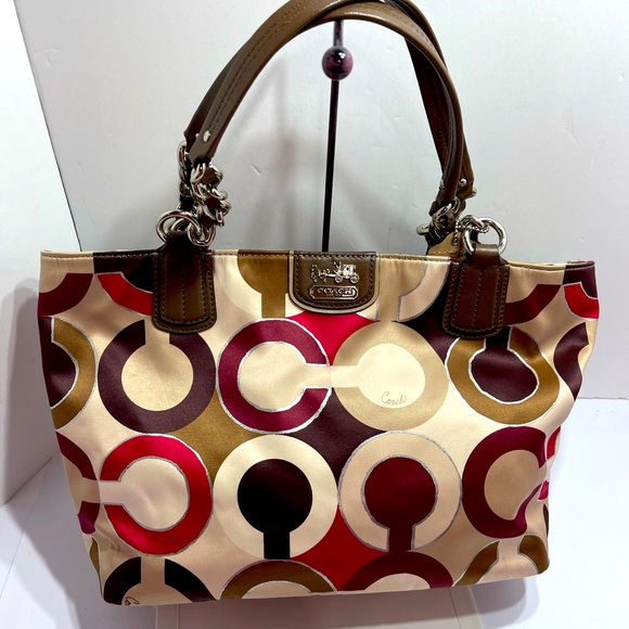 Coach Tote( shoulder bag) in satin cloth with leather handle. - Picture 1 of 9